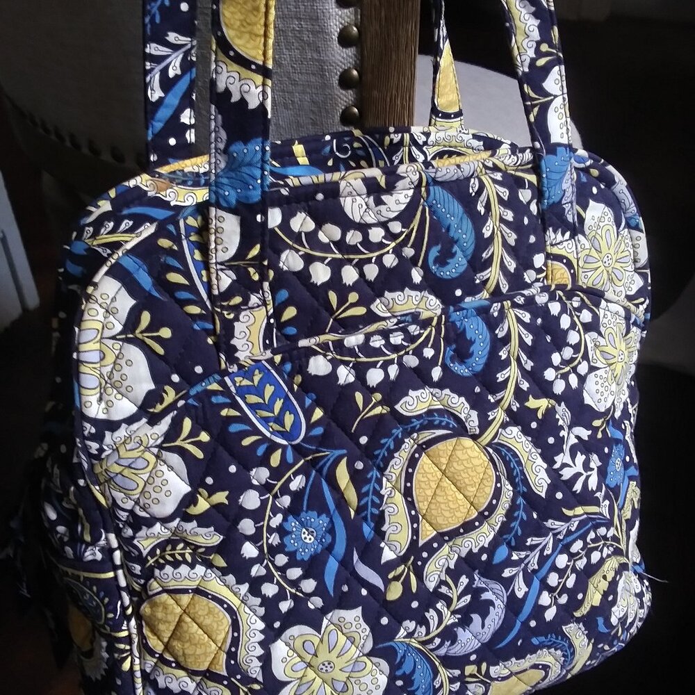 Vera Bradley Ellie Blue Handbag Purse Elephants Yellow Floral Print Shoulder Bag